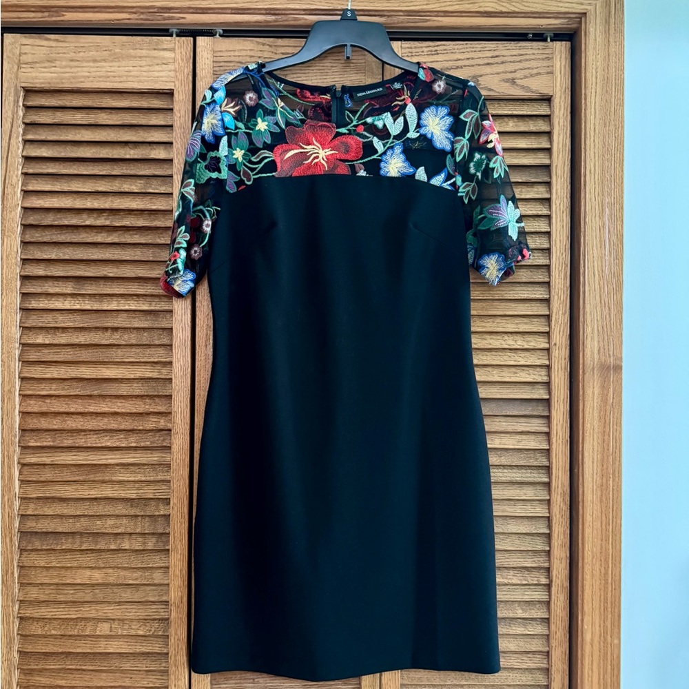 Nina Leonard Black Midi Formal Dress Floral Sleeves